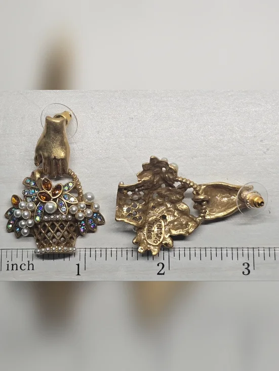 Vintage Style Gold Basket Pearl and Multistone Drop Earrings - Picture 3 of 7